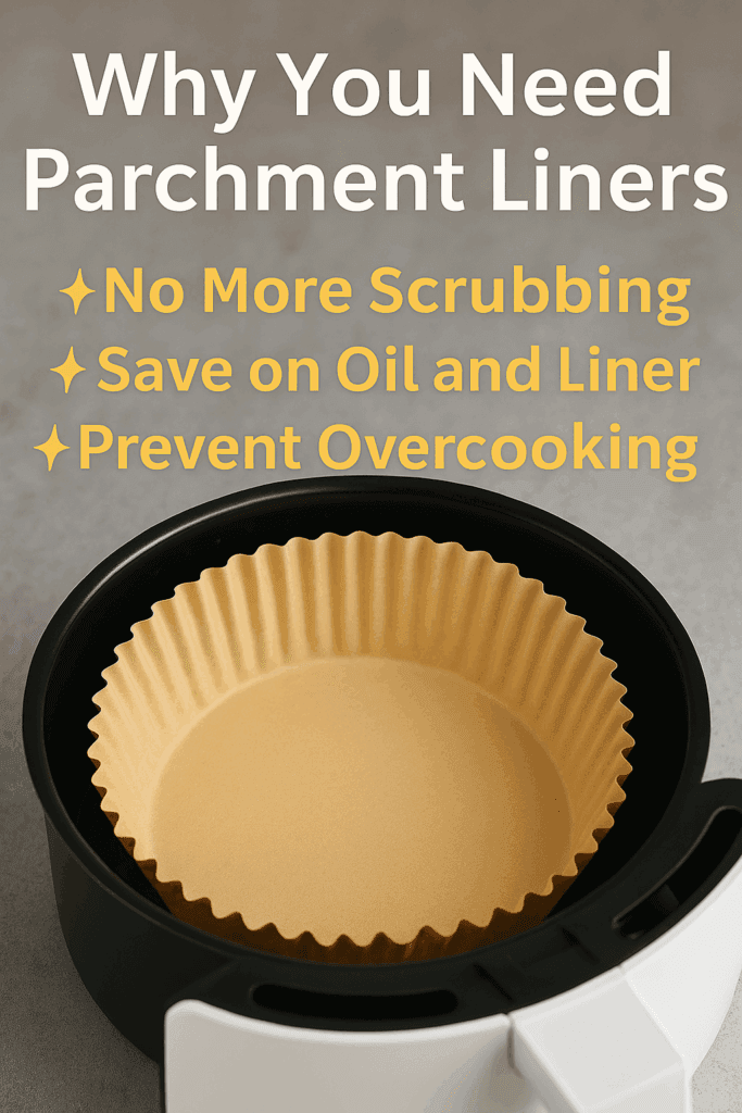 Disposable parchment liner inside a small air fryer with text overlay showing price and benefits